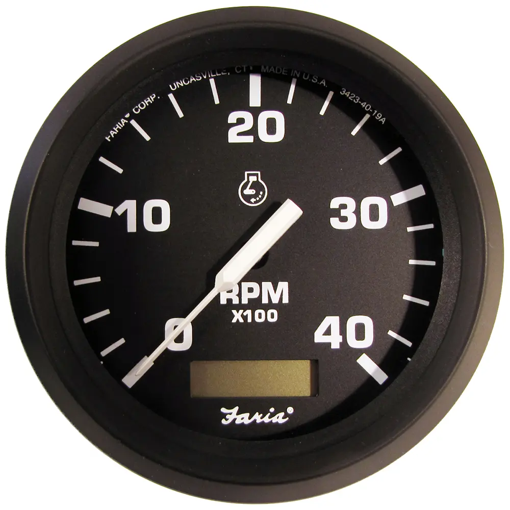 Faria Euro Black 4" Tachometer w/Hourmeter (4000 RPM) (Diesel)(Mech. Takeoff & Var. Ratio Alt.)